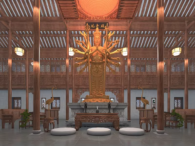 Religious Temple Interior With Wooden Beams Golden Buddha Statue Traditional Lanterns And Prayer Cushions 3d model