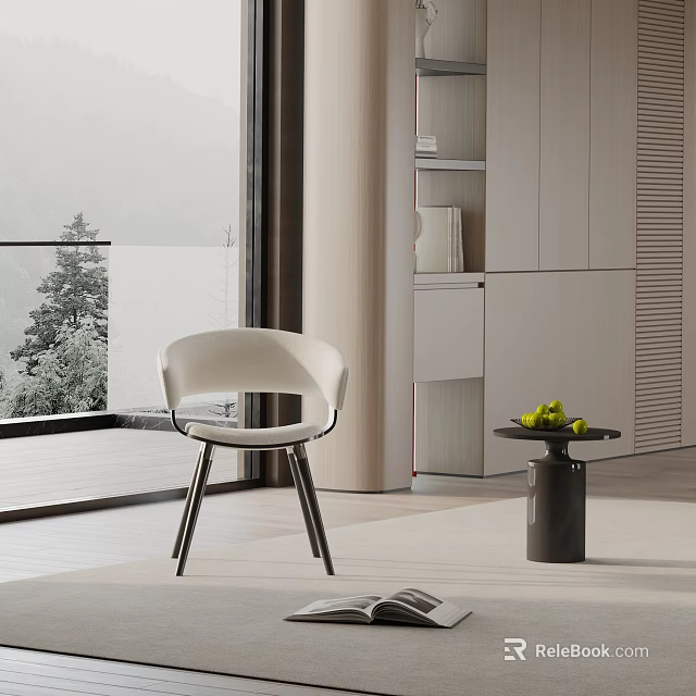 Minimalist Modern White Dining Chair with Black Metal Legs in Interior with Scenic Window View 3d model 