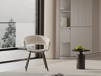 Minimalist Modern White Dining Chair with Black Metal Legs in Interior with Scenic Window View 3d model