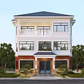 Two Story Detached Villa Exterior Featuring White Walls Black Roof Balcony And Stone Base