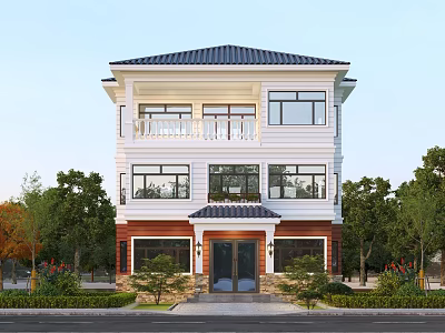 Two Story Detached Villa Exterior Featuring White Walls Black Roof Balcony And Stone Base 3d model