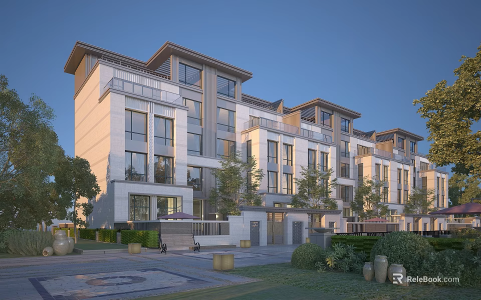 Modern Townhouse Architectural Exterior With Landscaped Gardens Large Windows And Outdoor Courtyard 3d model 