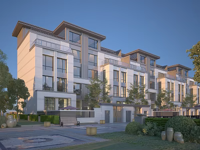 Modern Townhouse Architectural Exterior With Landscaped Gardens Large Windows And Outdoor Courtyard 3d model