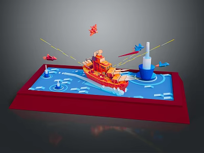 Colorful Model Scene With Red Ship Airplanes Blue Water And White Tower 3d model