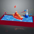 Colorful Model Scene With Red Ship Airplanes Blue Water And White Tower