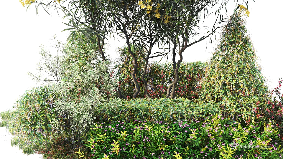 Beautiful Garden Shrubs With Green Leaves And Purple Flowers For Landscaping 3d model 