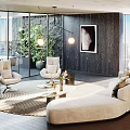 Modern Living Room Featuring Large Windows City View Dark Wood Walls Light Armchairs And Sofa