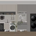 Modern Storage Cabinets in Laundry Room with Washing Machine Dryer Hanging Racks and Potted Plant