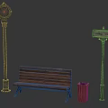 Vintage Outdoor Bench with Street Clock Signpost and Trash Can