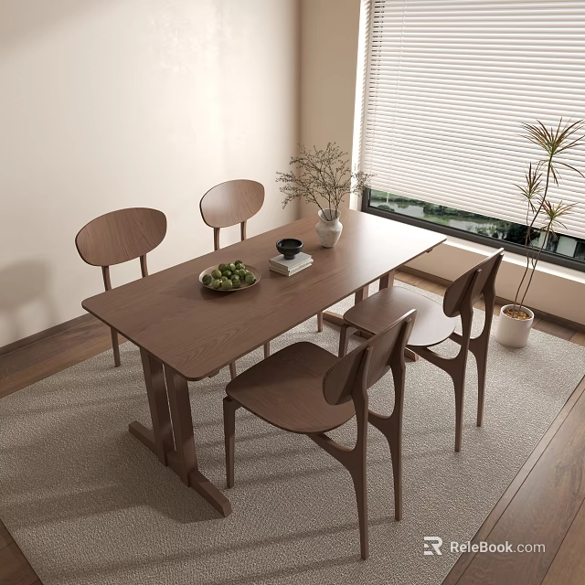 Wooden Dining Table Set With 4 Chairs Fruit Bowl Vase Window Plant Rug 3d model 
