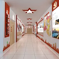 Office Corridor Interior With Red Decorations Wall Displays And Tile Floor