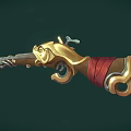Vintage Flintlock Pistol with Golden Ornate Accents Red Leather Grip and Metallic Barrel Design