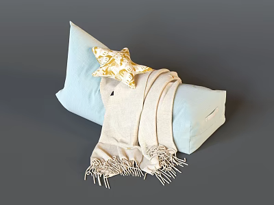 Light Blue Bean Bag Chair With Yellow Star Cushion And Beige Fringe Blanket 3d model