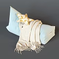 Light Blue Bean Bag Chair With Yellow Star Cushion And Beige Fringe Blanket