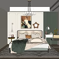 Elegant Bedroom Interior With Green Blanket Pillows Wall Art Mirror Chandelier And Rug