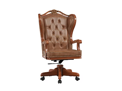 Brown Leather Office Chair With Carved Design Button Tufted Wooden Base 3d model