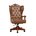 Brown Leather Office Chair With Carved Design Button Tufted Wooden Base