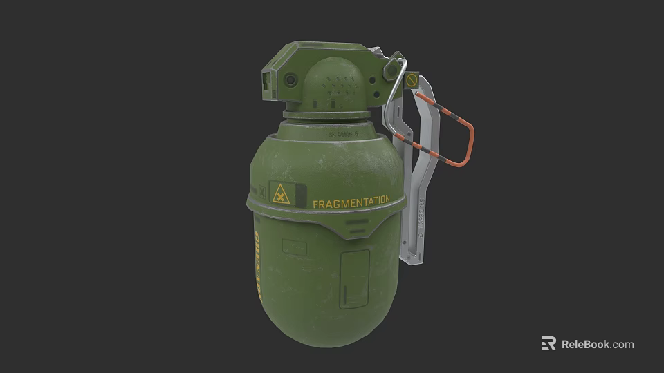 Green Fragmentation Grenade With Warning Label And Orange Pull Ring Design 3d model 