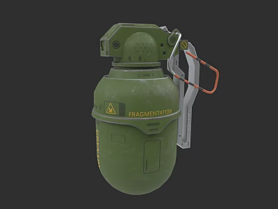 Green Fragmentation Grenade With Warning Label And Orange Pull Ring Design 3d model