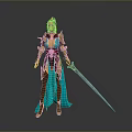 Fantasy Woman In Blue And Gold Armor Holding Long Sword In Elegant Pose