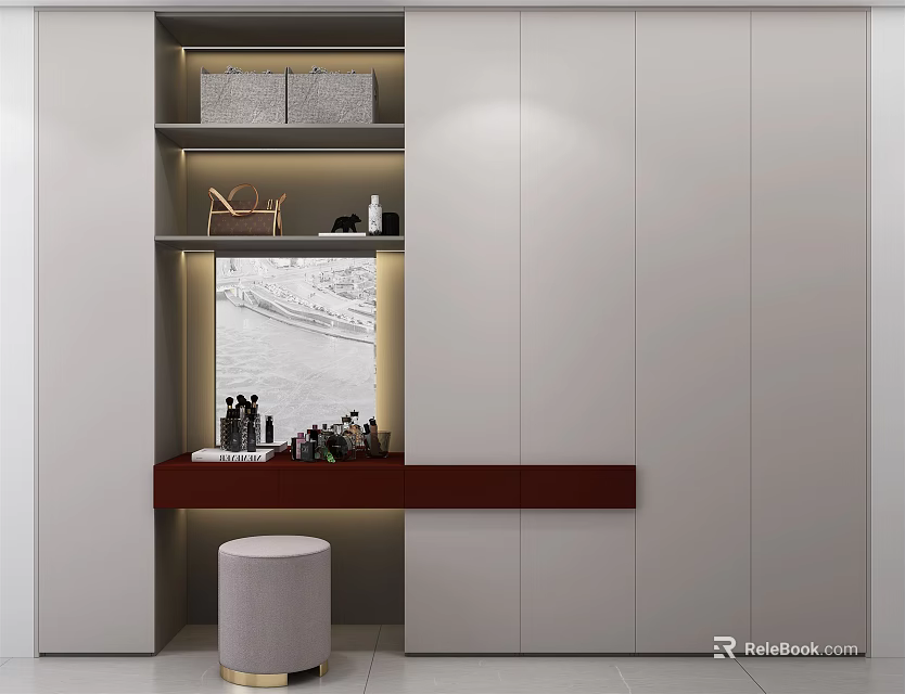 Modern Wardrobe Design With Sleek White Panels And Dressing Table With Decor Items And Stool 3d model