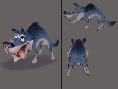 Cartoon Wolf Character Design With Front Side Back Views Blue Fur And Exaggerated Expression 3d model