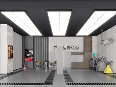 Modern 4S Store Interior With Strip Lights Car Posters Reception Area And Gray Floors 3d model