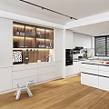 Modern Kitchen Interior Design With White Cabinets Glass Display Shelves Island Counter And Wooden Flooring
