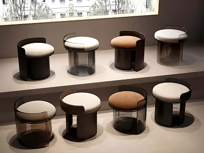Modern Stools With White Brown Seats And Transparent Dark Bases On Display Shelf 3d model
