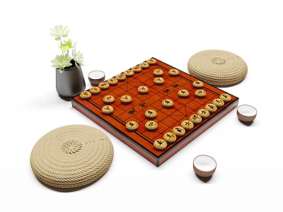 Traditional Chess Board Game Entertainment with Pieces Cushions Tea Cups and Flower Vase 3d model