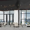 Elegant Modern Lounge Area With Large Windows City View Wooden Ceiling And Chandeliers