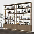 Modern Wooden Display Shelf With Drawers And Decorative Vases Tea Sets Books
