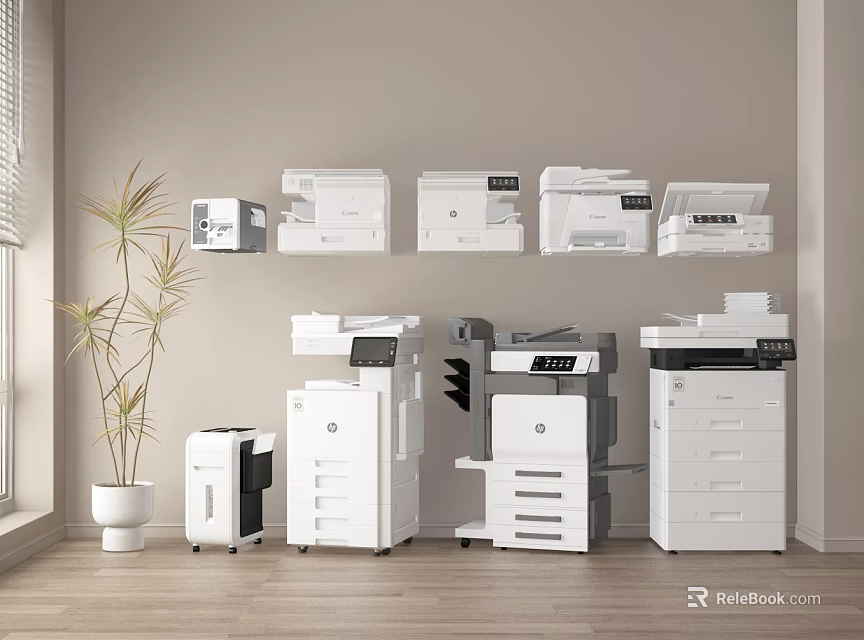 Various Office Appliances Including Multifunction Printers And Copiers In Modern Office 3d model 