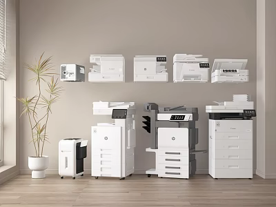 Various Office Appliances Including Multifunction Printers And Copiers In Modern Office 3d model