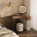 Modern Dressing Table with Round Lighted Mirror Padded Stool and Cosmetics in Bedroom