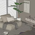 Beige Single Sofa With Gray Cushion Checkered Blanket Side Table Potted Plant And VOGUE Artwork