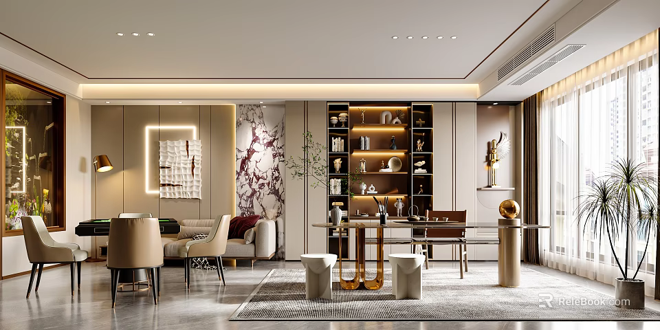 Luxury Modern Hotel Mahjong Room Interior Design With Marble Wall Bookshelf Sofa And Chandelier 3d model 