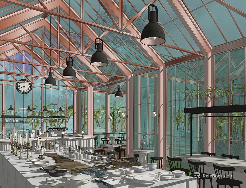 Bright Glass Awning Design For Indoor Dining Area With Hanging Lamps And Plants 3d model 
