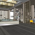 Elegant Sales Office Interior with Luxury Chandelier Reception Desk and Marble Floor Display Shelves