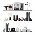 Stylish Minimalist Decorative Ornament Set With Geometric Sculptures And Sphere Ornaments On White Floating Shelf