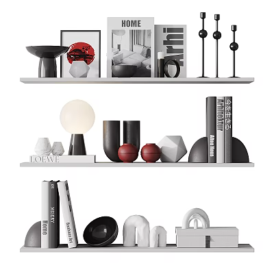 Stylish Minimalist Decorative Ornament Set With Geometric Sculptures And Sphere Ornaments On White Floating Shelf 3d model