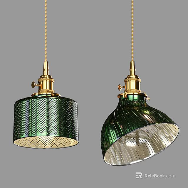 Green Pendant Lights With Gold Accents And Textured Glass Shades For Modern Interiors 3d model 