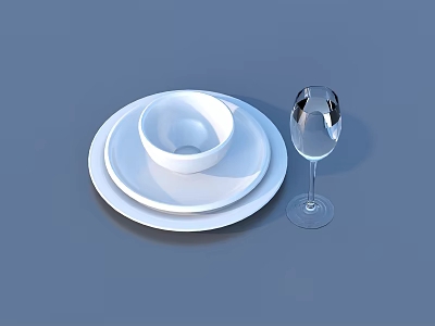 Elegant White Tableware Set With Stacked Plates Bowl And Transparent Wine Glass 3d model