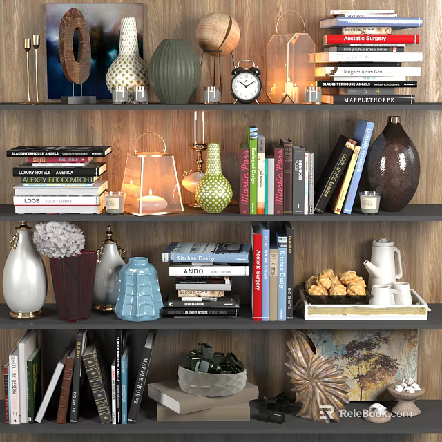 Stylish Decorative Ornaments Set On Wooden Bookshelves With Books Vases Candles And Clock 3d model 