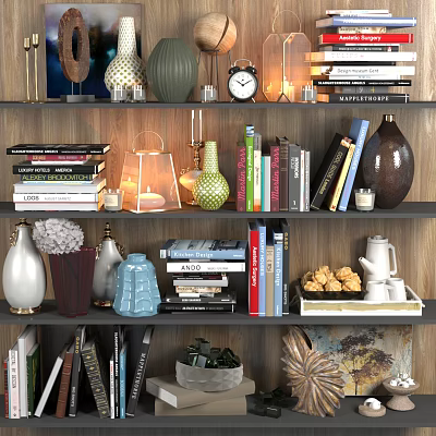 Stylish Decorative Ornaments Set On Wooden Bookshelves With Books Vases Candles And Clock 3d model