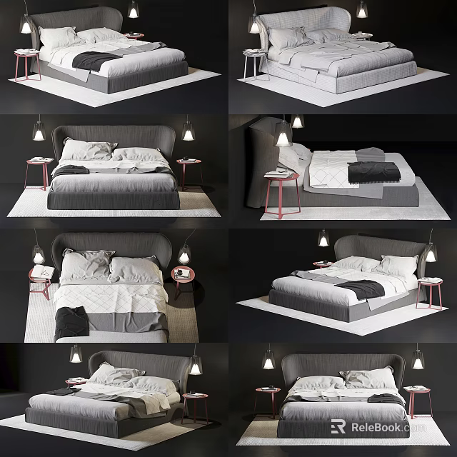 Modern Double Bed With Gray Bedding And Red Bedside Tables With Lamps 3d model