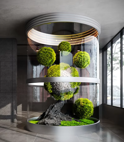 Indoor Landscape Featuring Transparent Cylindrical Structure Green Spherical Plants Rock Decoration And Surrounding Lights 3d model