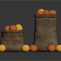 Fresh Orange And Yellow Fruits In Burlap Sacks With Scattered Pieces