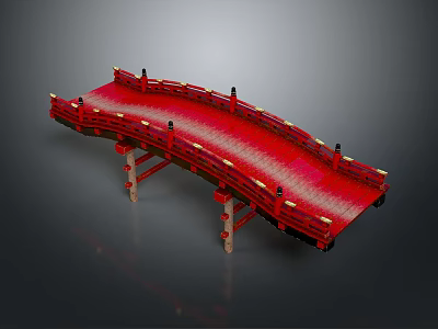 Traditional Red Arch Bridge With Wooden Railings And Decorative Pillars 3d model