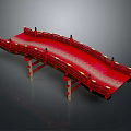 Traditional Red Arch Bridge With Wooden Railings And Decorative Pillars